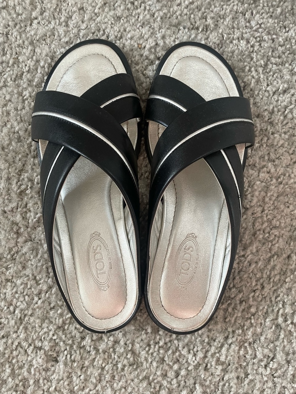 Tod's Leather Black Slide Sandals with Silver Insole